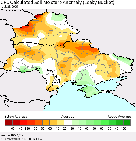 Ukraine, Moldova and Belarus CPC Calculated Soil Moisture Anomaly (Leaky Bucket) Thematic Map For 7/21/2019 - 7/25/2019