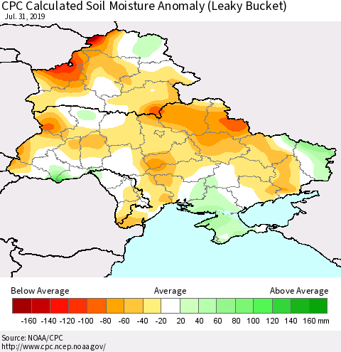 Ukraine, Moldova and Belarus CPC Calculated Soil Moisture Anomaly (Leaky Bucket) Thematic Map For 7/26/2019 - 7/31/2019