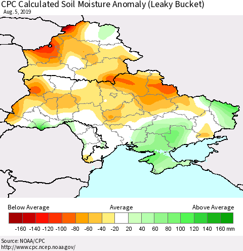 Ukraine, Moldova and Belarus CPC Calculated Soil Moisture Anomaly (Leaky Bucket) Thematic Map For 8/1/2019 - 8/5/2019
