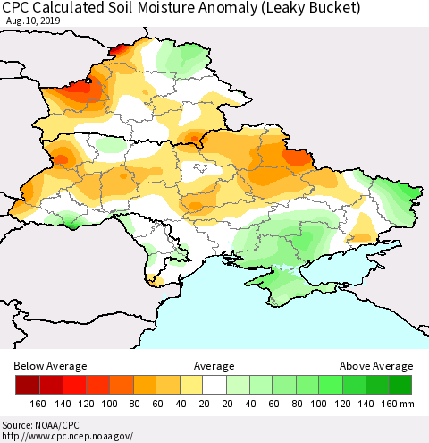 Ukraine, Moldova and Belarus CPC Calculated Soil Moisture Anomaly (Leaky Bucket) Thematic Map For 8/6/2019 - 8/10/2019