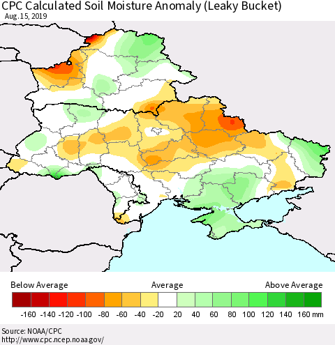 Ukraine, Moldova and Belarus CPC Soil Moisture Departure from Normal (Leaky Bucket) Thematic Map For 8/11/2019 - 8/15/2019