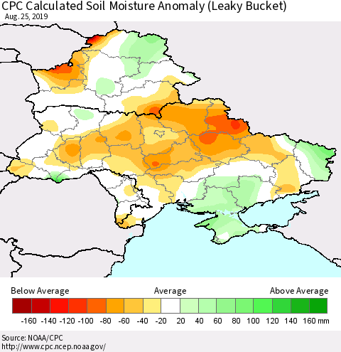 Ukraine, Moldova and Belarus CPC Calculated Soil Moisture Anomaly (Leaky Bucket) Thematic Map For 8/21/2019 - 8/25/2019