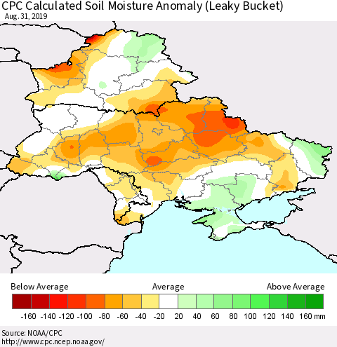 Ukraine, Moldova and Belarus CPC Calculated Soil Moisture Anomaly (Leaky Bucket) Thematic Map For 8/26/2019 - 8/31/2019