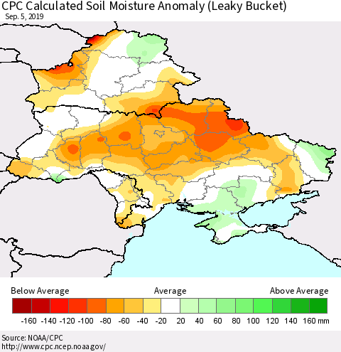 Ukraine, Moldova and Belarus CPC Soil Moisture Departure from Normal (Leaky Bucket) Thematic Map For 9/1/2019 - 9/5/2019