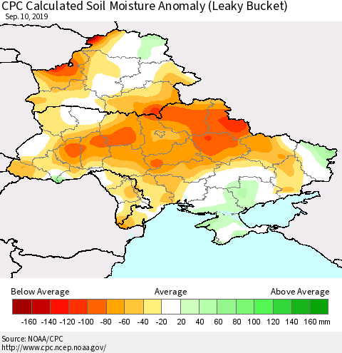 Ukraine, Moldova and Belarus CPC Calculated Soil Moisture Anomaly (Leaky Bucket) Thematic Map For 9/6/2019 - 9/10/2019