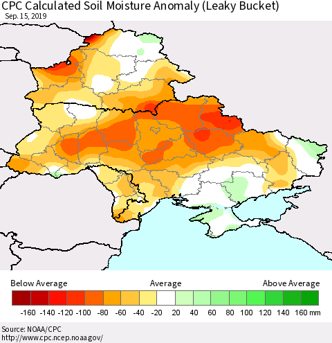 Ukraine, Moldova and Belarus CPC Calculated Soil Moisture Anomaly (Leaky Bucket) Thematic Map For 9/11/2019 - 9/15/2019