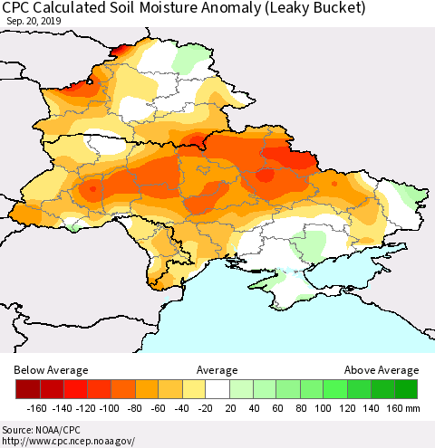 Ukraine, Moldova and Belarus CPC Calculated Soil Moisture Anomaly (Leaky Bucket) Thematic Map For 9/16/2019 - 9/20/2019