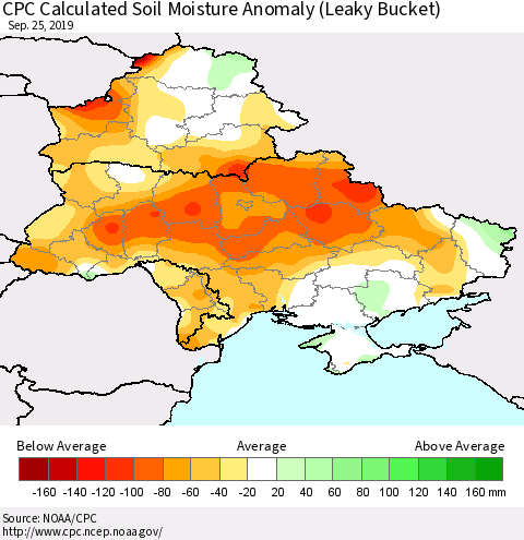 Ukraine, Moldova and Belarus CPC Calculated Soil Moisture Anomaly (Leaky Bucket) Thematic Map For 9/21/2019 - 9/25/2019