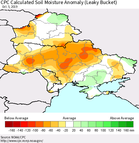 Ukraine, Moldova and Belarus CPC Calculated Soil Moisture Anomaly (Leaky Bucket) Thematic Map For 10/1/2019 - 10/5/2019