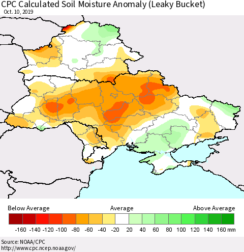 Ukraine, Moldova and Belarus CPC Calculated Soil Moisture Anomaly (Leaky Bucket) Thematic Map For 10/6/2019 - 10/10/2019