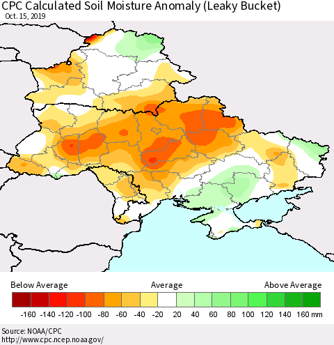 Ukraine, Moldova and Belarus CPC Calculated Soil Moisture Anomaly (Leaky Bucket) Thematic Map For 10/11/2019 - 10/15/2019