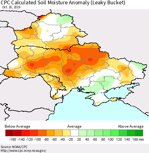 Ukraine, Moldova and Belarus CPC Calculated Soil Moisture Anomaly (Leaky Bucket) Thematic Map For 10/16/2019 - 10/20/2019