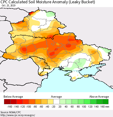 Ukraine, Moldova and Belarus CPC Calculated Soil Moisture Anomaly (Leaky Bucket) Thematic Map For 10/21/2019 - 10/25/2019