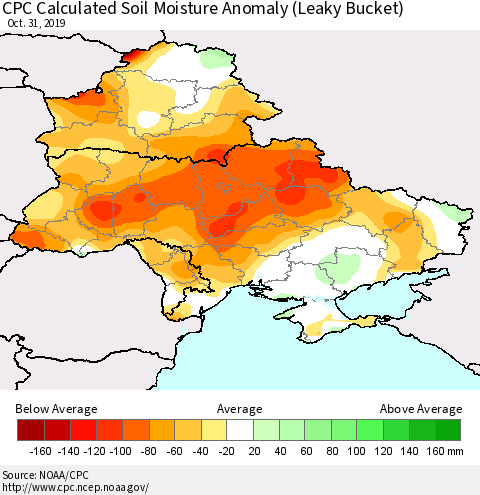 Ukraine, Moldova and Belarus CPC Soil Moisture Departure from Normal (Leaky Bucket) Thematic Map For 10/26/2019 - 10/31/2019