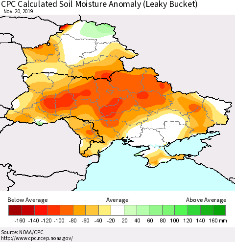 Ukraine, Moldova and Belarus CPC Calculated Soil Moisture Anomaly (Leaky Bucket) Thematic Map For 11/16/2019 - 11/20/2019
