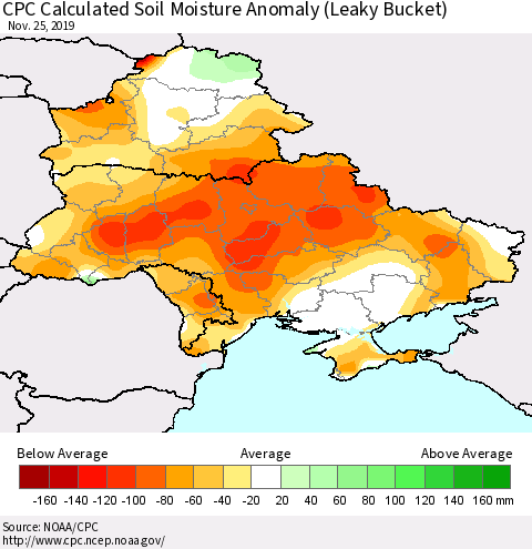 Ukraine, Moldova and Belarus CPC Soil Moisture Departure from Normal (Leaky Bucket) Thematic Map For 11/21/2019 - 11/25/2019
