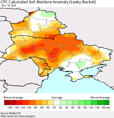 Ukraine, Moldova and Belarus CPC Calculated Soil Moisture Anomaly (Leaky Bucket) Thematic Map For 11/26/2019 - 11/30/2019