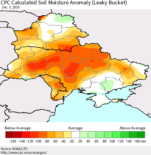 Ukraine, Moldova and Belarus CPC Calculated Soil Moisture Anomaly (Leaky Bucket) Thematic Map For 12/1/2019 - 12/5/2019