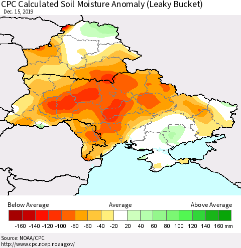Ukraine, Moldova and Belarus CPC Soil Moisture Departure from Normal (Leaky Bucket) Thematic Map For 12/11/2019 - 12/15/2019