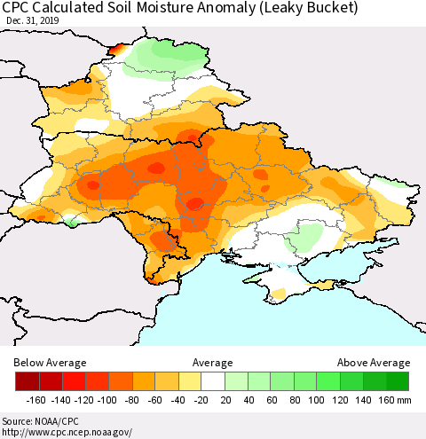 Ukraine, Moldova and Belarus CPC Calculated Soil Moisture Anomaly (Leaky Bucket) Thematic Map For 12/26/2019 - 12/31/2019