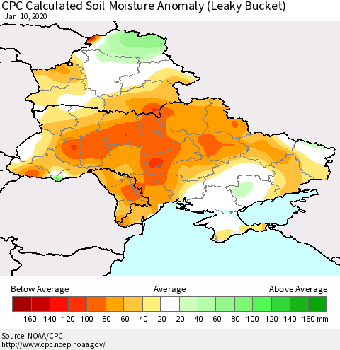 Ukraine, Moldova and Belarus CPC Calculated Soil Moisture Anomaly (Leaky Bucket) Thematic Map For 1/6/2020 - 1/10/2020