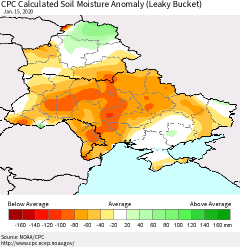Ukraine, Moldova and Belarus CPC Soil Moisture Departure from Normal (Leaky Bucket) Thematic Map For 1/11/2020 - 1/15/2020