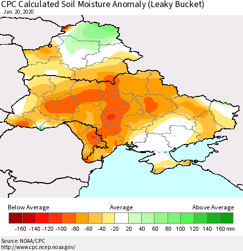 Ukraine, Moldova and Belarus CPC Soil Moisture Departure from Normal (Leaky Bucket) Thematic Map For 1/16/2020 - 1/20/2020