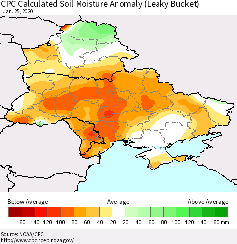 Ukraine, Moldova and Belarus CPC Calculated Soil Moisture Anomaly (Leaky Bucket) Thematic Map For 1/21/2020 - 1/25/2020