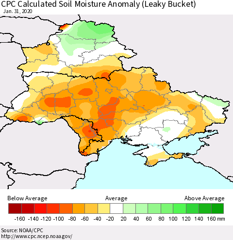 Ukraine, Moldova and Belarus CPC Soil Moisture Departure from Normal (Leaky Bucket) Thematic Map For 1/26/2020 - 1/31/2020