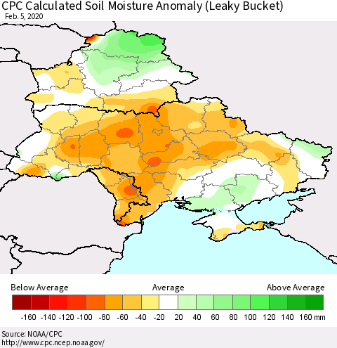 Ukraine, Moldova and Belarus CPC Soil Moisture Departure from Normal (Leaky Bucket) Thematic Map For 2/1/2020 - 2/5/2020