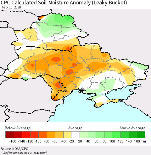 Ukraine, Moldova and Belarus CPC Calculated Soil Moisture Anomaly (Leaky Bucket) Thematic Map For 2/6/2020 - 2/10/2020