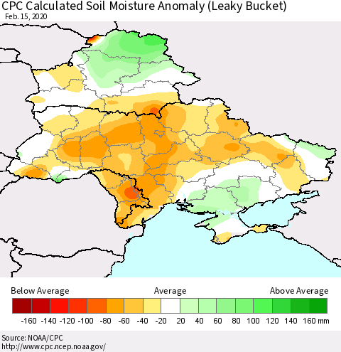 Ukraine, Moldova and Belarus CPC Calculated Soil Moisture Anomaly (Leaky Bucket) Thematic Map For 2/11/2020 - 2/15/2020