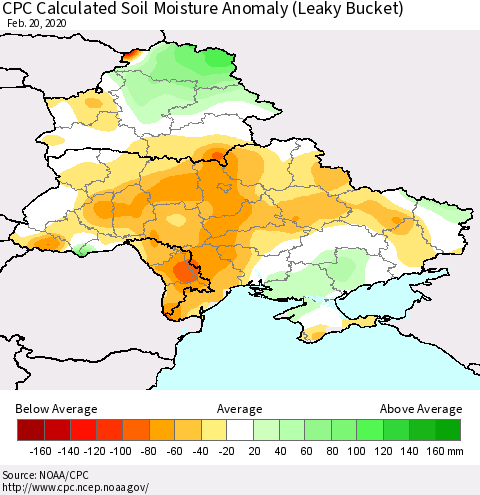 Ukraine, Moldova and Belarus CPC Calculated Soil Moisture Anomaly (Leaky Bucket) Thematic Map For 2/16/2020 - 2/20/2020