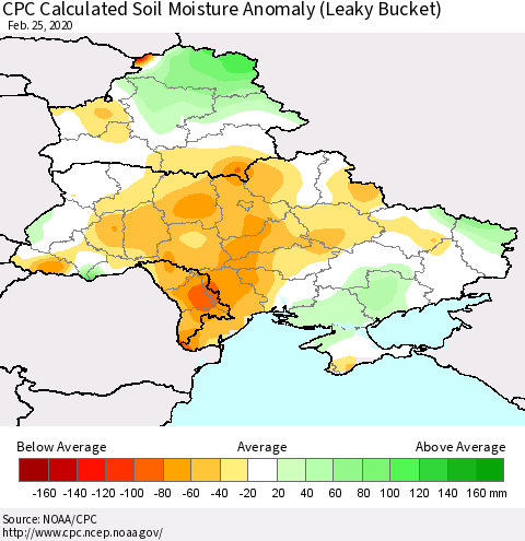 Ukraine, Moldova and Belarus CPC Soil Moisture Departure from Normal (Leaky Bucket) Thematic Map For 2/21/2020 - 2/25/2020