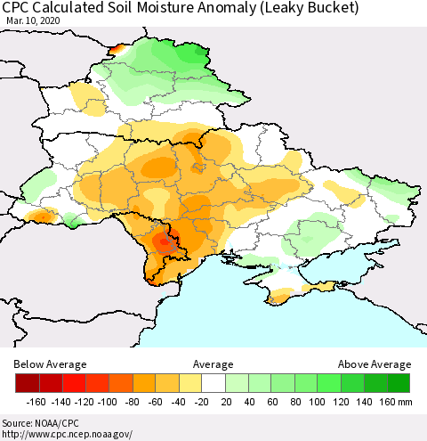 Ukraine, Moldova and Belarus CPC Calculated Soil Moisture Anomaly (Leaky Bucket) Thematic Map For 3/6/2020 - 3/10/2020