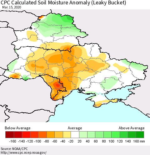 Ukraine, Moldova and Belarus CPC Calculated Soil Moisture Anomaly (Leaky Bucket) Thematic Map For 3/11/2020 - 3/15/2020