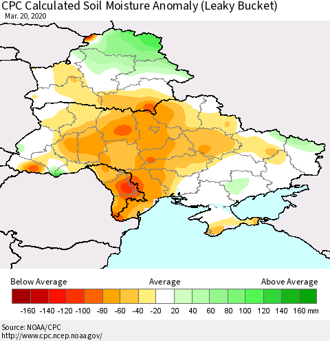 Ukraine, Moldova and Belarus CPC Calculated Soil Moisture Anomaly (Leaky Bucket) Thematic Map For 3/16/2020 - 3/20/2020