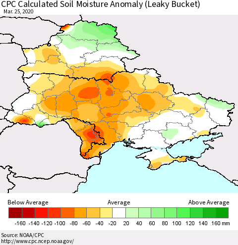 Ukraine, Moldova and Belarus CPC Soil Moisture Departure from Normal (Leaky Bucket) Thematic Map For 3/21/2020 - 3/25/2020