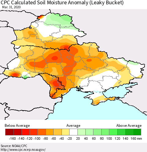 Ukraine, Moldova and Belarus CPC Calculated Soil Moisture Anomaly (Leaky Bucket) Thematic Map For 3/26/2020 - 3/31/2020