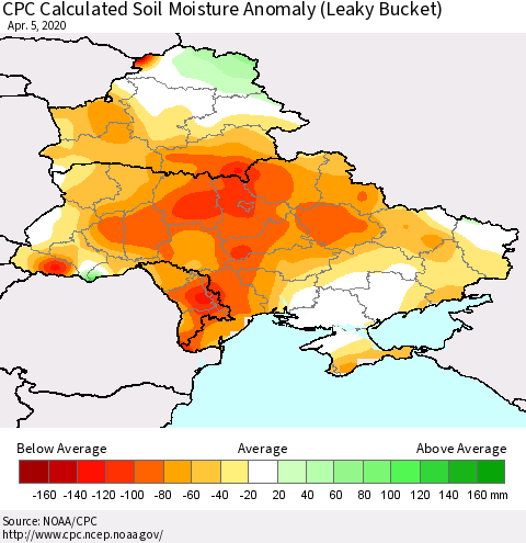 Ukraine, Moldova and Belarus CPC Soil Moisture Departure from Normal (Leaky Bucket) Thematic Map For 4/1/2020 - 4/5/2020