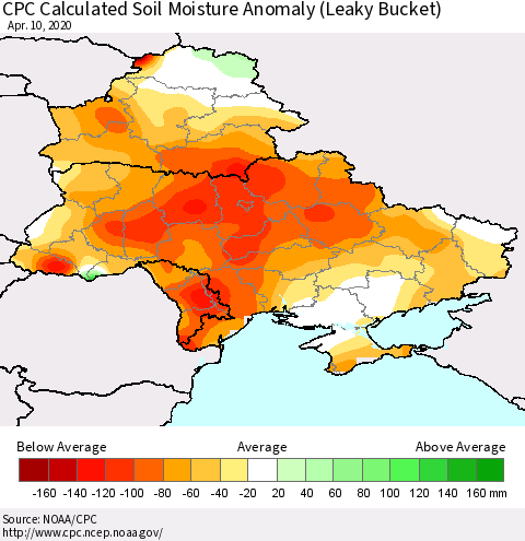 Ukraine, Moldova and Belarus CPC Calculated Soil Moisture Anomaly (Leaky Bucket) Thematic Map For 4/6/2020 - 4/10/2020