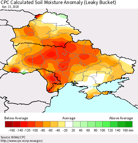 Ukraine, Moldova and Belarus CPC Calculated Soil Moisture Anomaly (Leaky Bucket) Thematic Map For 4/11/2020 - 4/15/2020