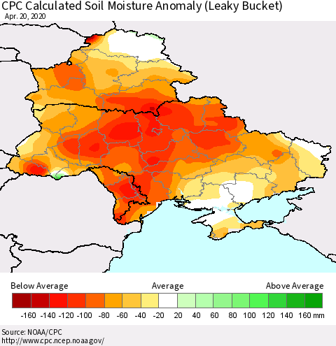 Ukraine, Moldova and Belarus CPC Soil Moisture Departure from Normal (Leaky Bucket) Thematic Map For 4/16/2020 - 4/20/2020