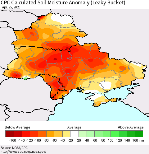 Ukraine, Moldova and Belarus CPC Calculated Soil Moisture Anomaly (Leaky Bucket) Thematic Map For 4/21/2020 - 4/25/2020