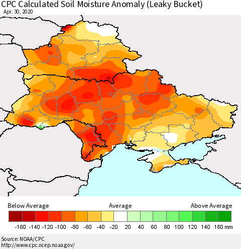 Ukraine, Moldova and Belarus CPC Calculated Soil Moisture Anomaly (Leaky Bucket) Thematic Map For 4/26/2020 - 4/30/2020