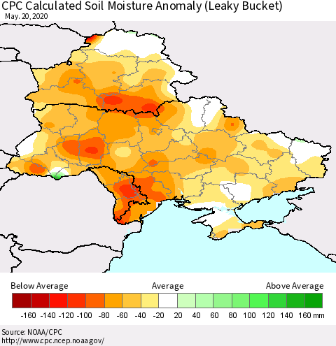 Ukraine, Moldova and Belarus CPC Calculated Soil Moisture Anomaly (Leaky Bucket) Thematic Map For 5/16/2020 - 5/20/2020