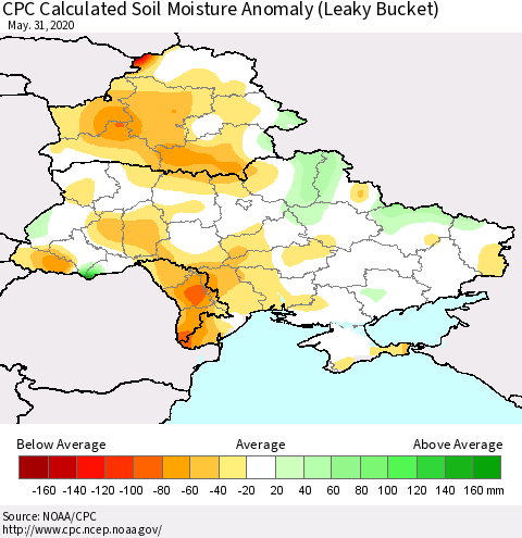 Ukraine, Moldova and Belarus CPC Calculated Soil Moisture Anomaly (Leaky Bucket) Thematic Map For 5/26/2020 - 5/31/2020