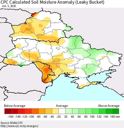 Ukraine, Moldova and Belarus CPC Calculated Soil Moisture Anomaly (Leaky Bucket) Thematic Map For 6/1/2020 - 6/5/2020