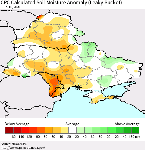 Ukraine, Moldova and Belarus CPC Soil Moisture Departure from Normal (Leaky Bucket) Thematic Map For 6/6/2020 - 6/10/2020