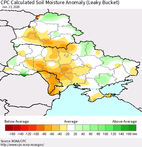 Ukraine, Moldova and Belarus CPC Calculated Soil Moisture Anomaly (Leaky Bucket) Thematic Map For 6/11/2020 - 6/15/2020